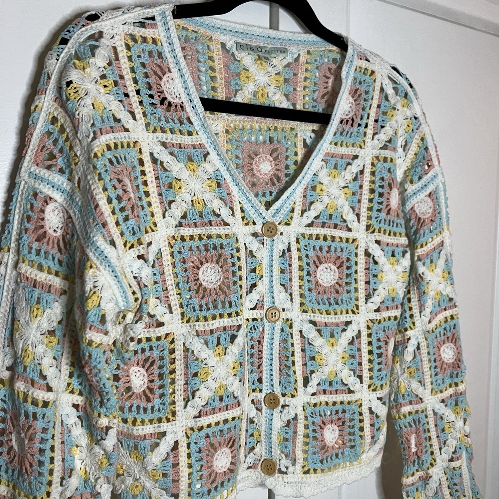 Y2K Cleo Crochet Cardigan Womens S/M Petite‎ Cottagecore Granny Pastel Spring - Picture 2 of 7